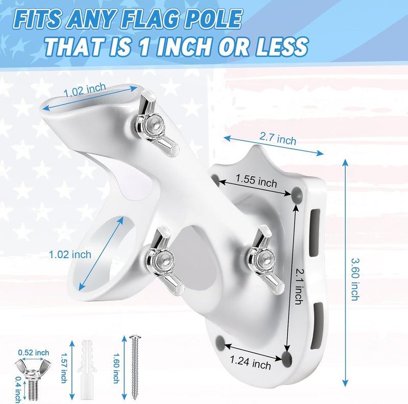 REERON Flag Pole Brackets for House, 2-Positions Metal 1" Flagpole Holder Mounts, Aluminium Rustproof Outside Flag Pole Wall Porch Mounting Bracket with 3 Fixed Holes & Steel Hardwares (White-2 Pack) - Image 2